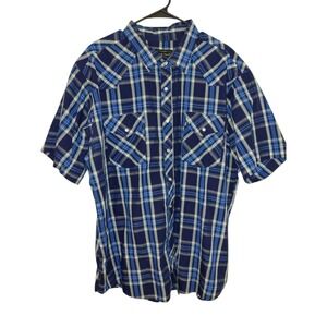 High Noon Shirt Men's 2XL RG  Blue White Plaid Pearl Snap Western Pockets Blend
